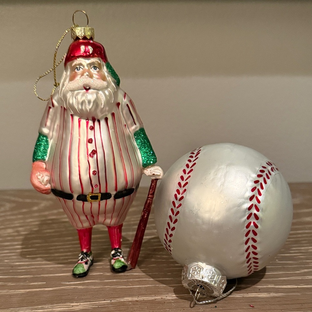 Christmas baseball theme Santa - Baseball Outfit glass Ornament lot of 2